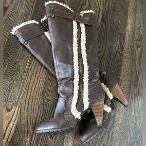 Brown Knee-High Boots with Faux Fur Trim